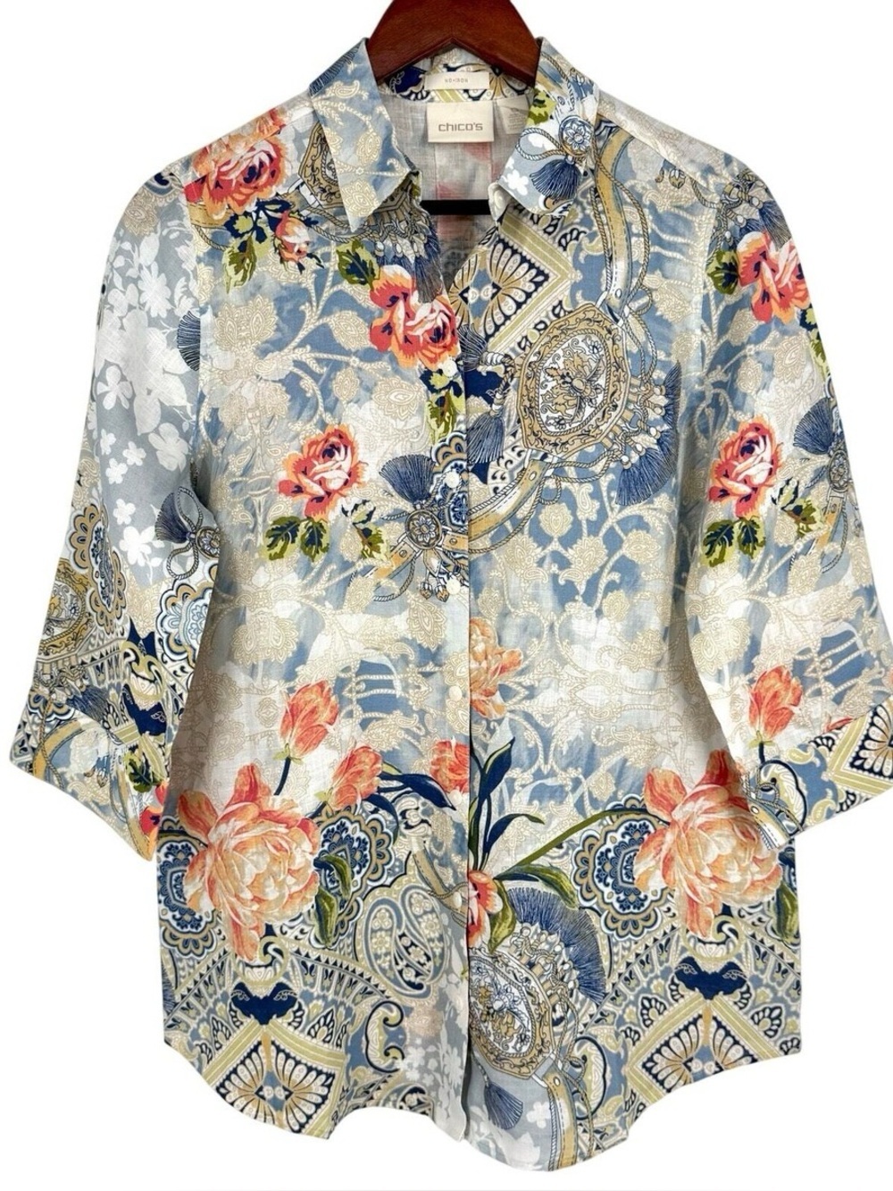 Chico's Linen Blend Button-Up with Soft Blue Floral Print